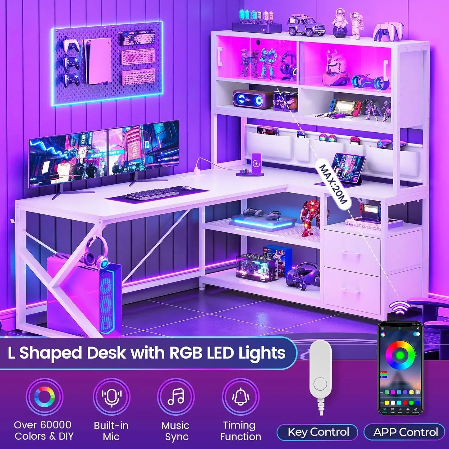 General Use L Shaped Gaming Desk With LED And Bookshelf