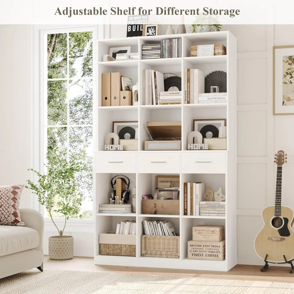 GUANGBAI Tall 9 Tier Bookcase With Drawers Modern Wood