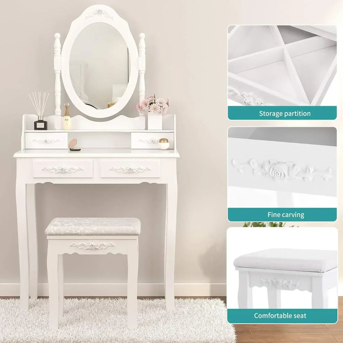 XMSJ Vanity Table Set With Oval Mirror And Stool Elite