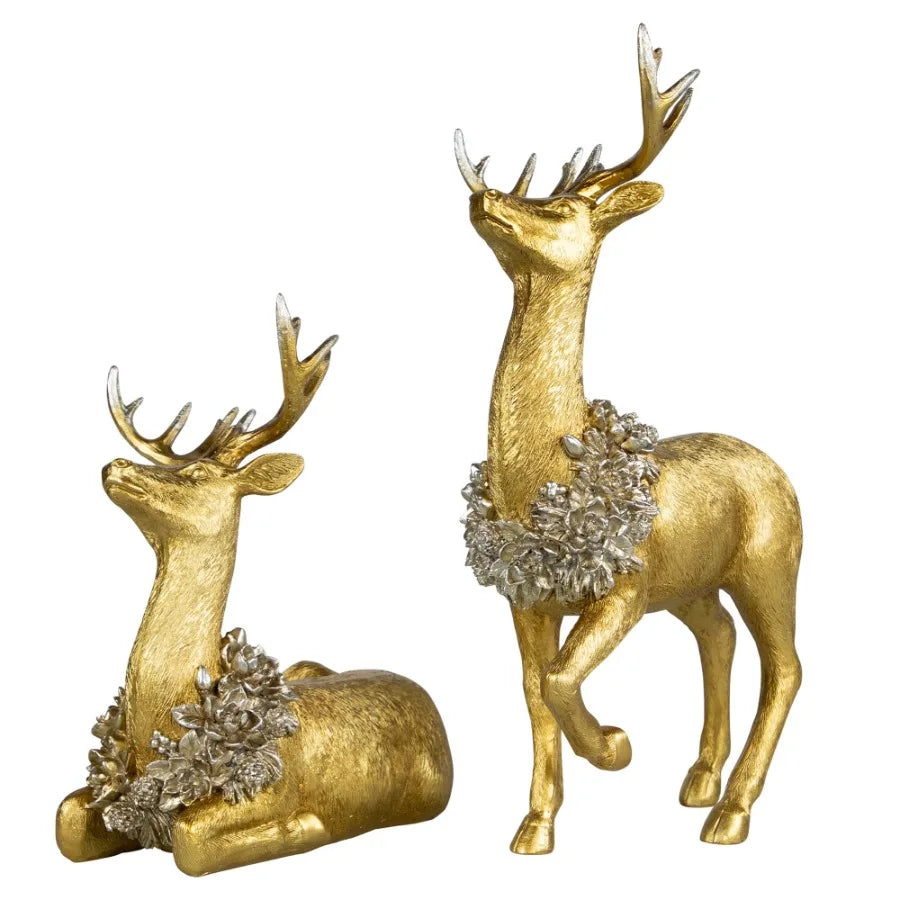 Elegant Gold Reindeer With Wreaths Christmas Figurines