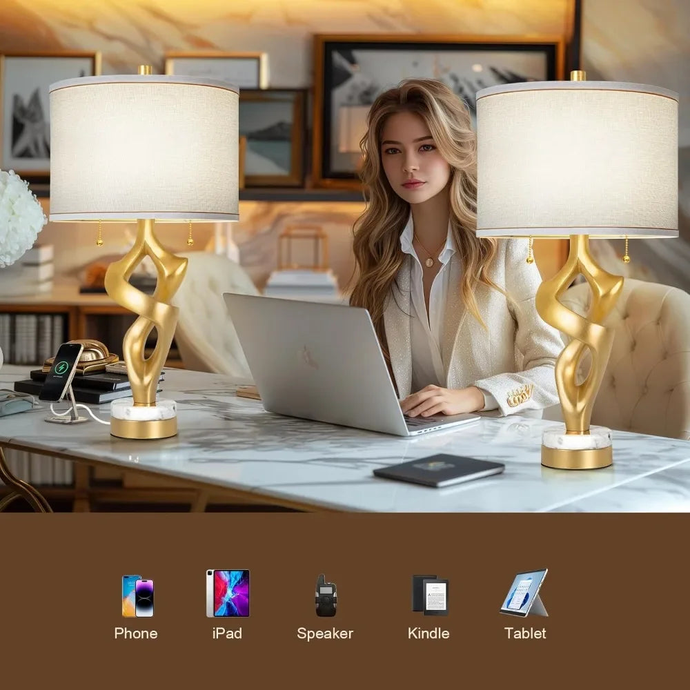 XMSJ Sculptural Table Lamp Set Marble Base USB Ports Gold