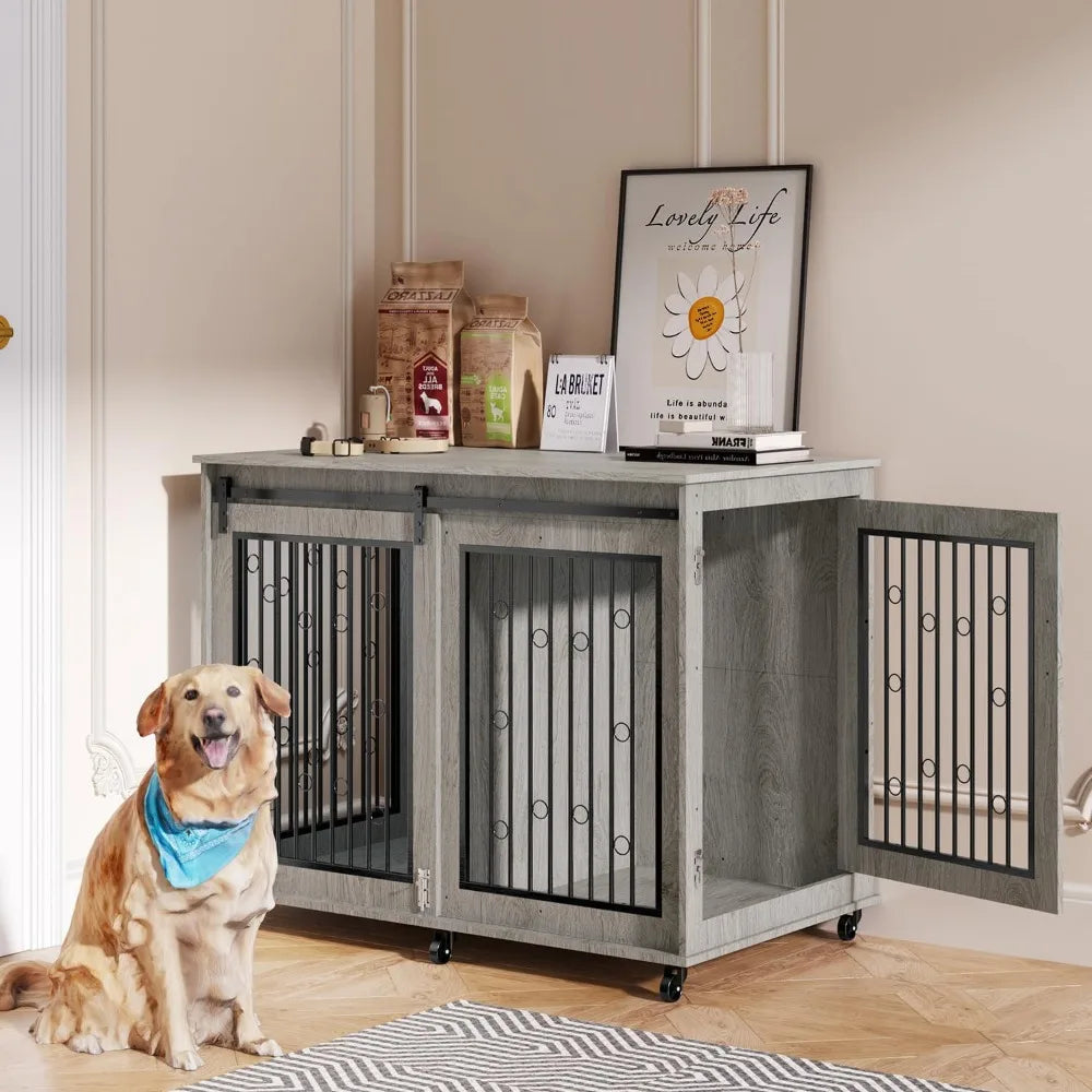 Hign-concerned Dog Crate Furniture Wooden Kennel Barn Door