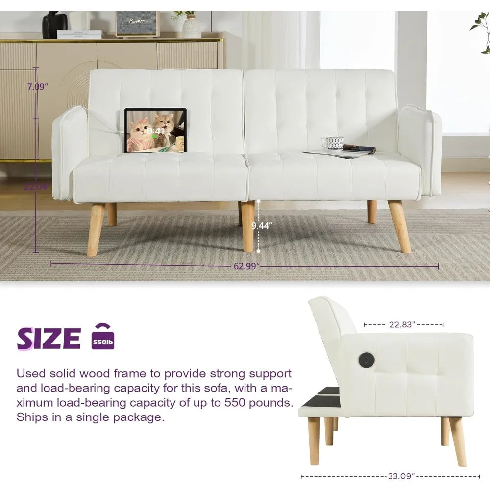Ticify Modern Faux Leather Convertible USB Futon Sofa Bed