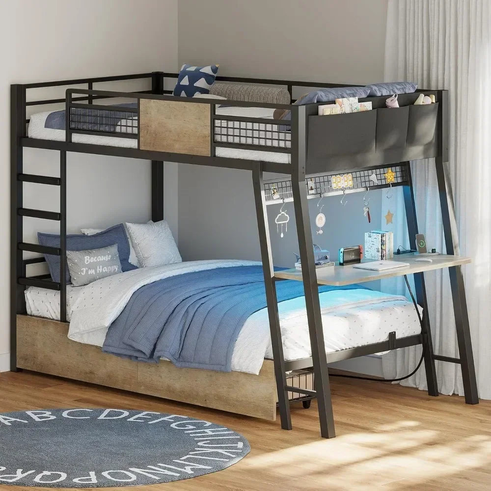 XMSJ Twin Over Twin Metal Bunk Bed With Desk Outlets