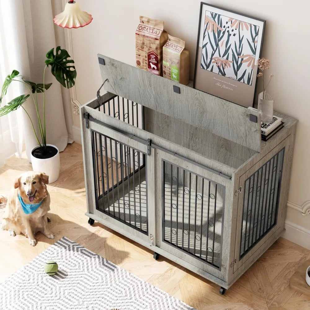 Hign-concerned Dog Crate Furniture Wooden Kennel Barn Door