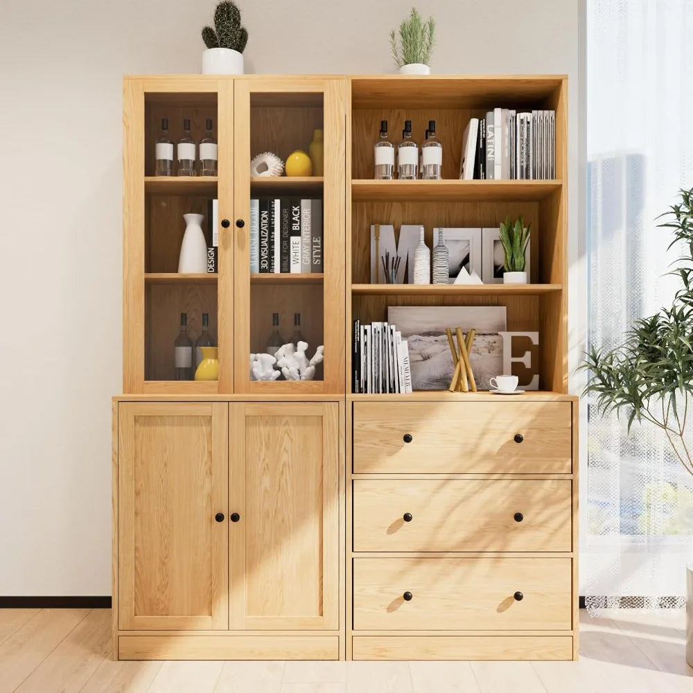 HUANZHUANG 3 Tier Modern Bookshelf With Glass Doors Drawers
