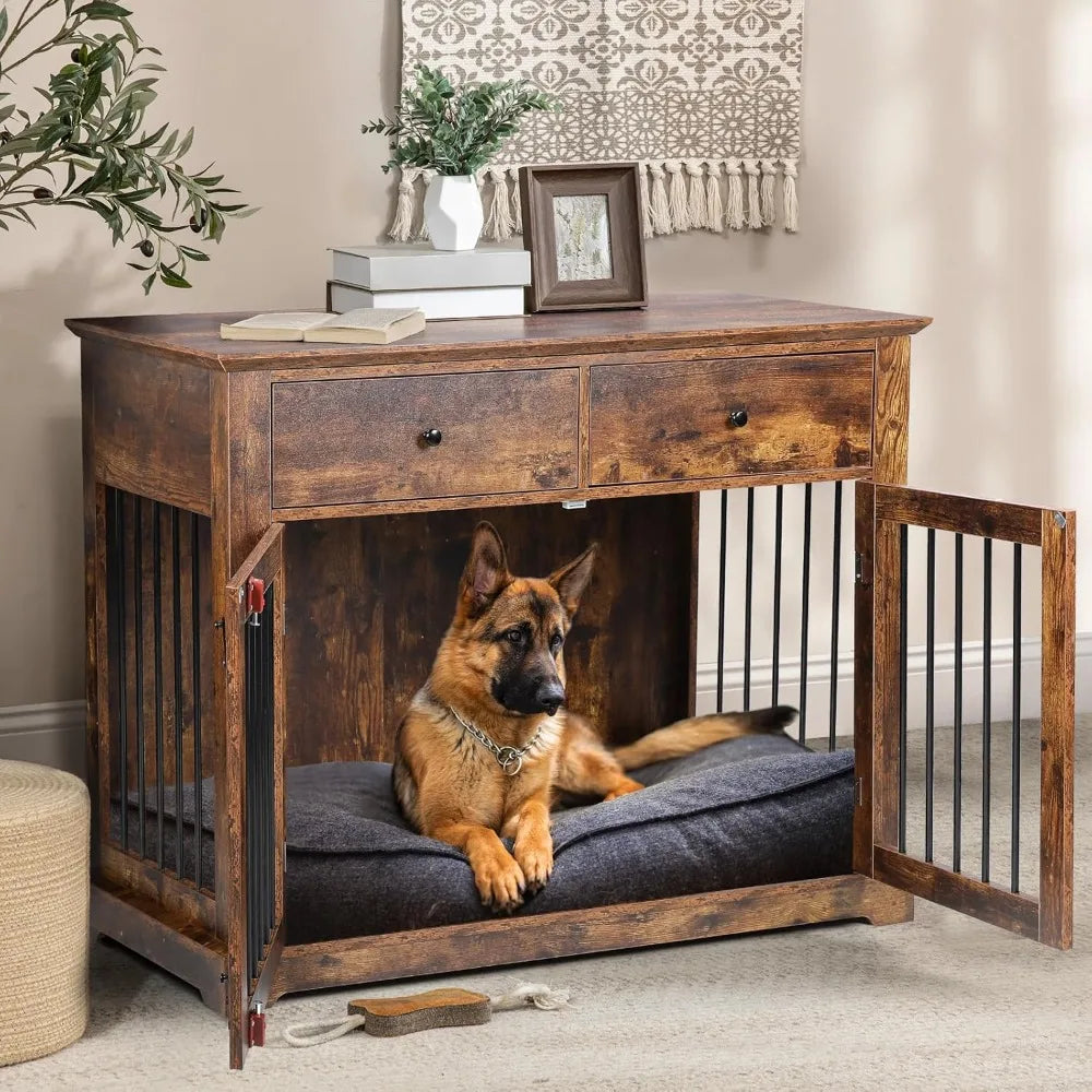 HUANZHUANG Wooden Dog Crate End Table With Storage Drawers