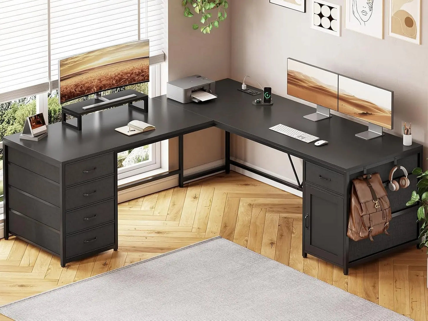 Angduo L Shaped Desk With Five Drawers And Power Outlet