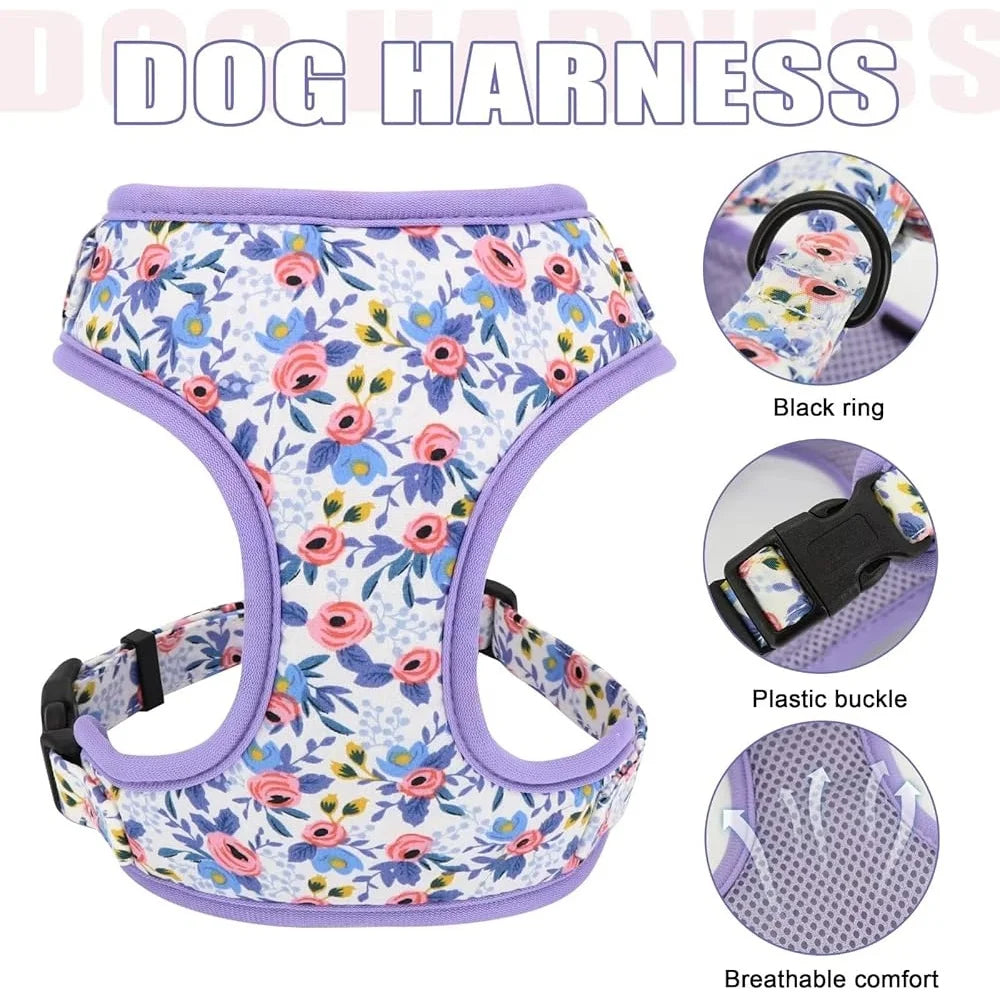 Fujian Cute Dog Harness Leash Collar Floral Mesh Set
