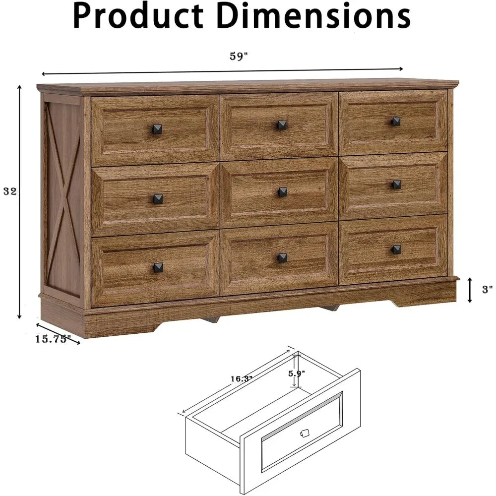 Guangbai Farmhouse 9 Drawer Dresser Wood Storage Chest