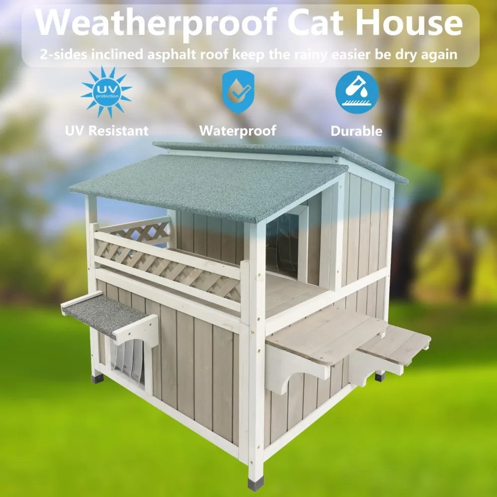 Two Story Wooden Feral Cat Shelter With Waterproof Roof