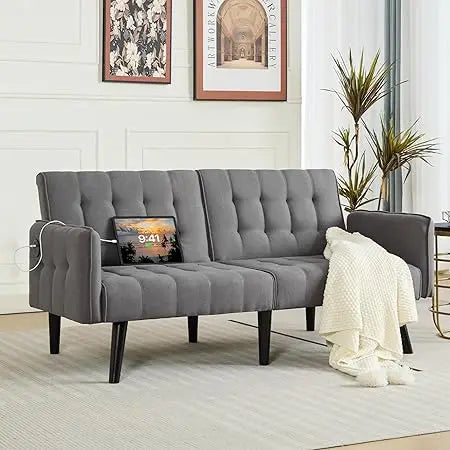 Ticify Modern Faux Leather Convertible USB Futon Sofa Bed