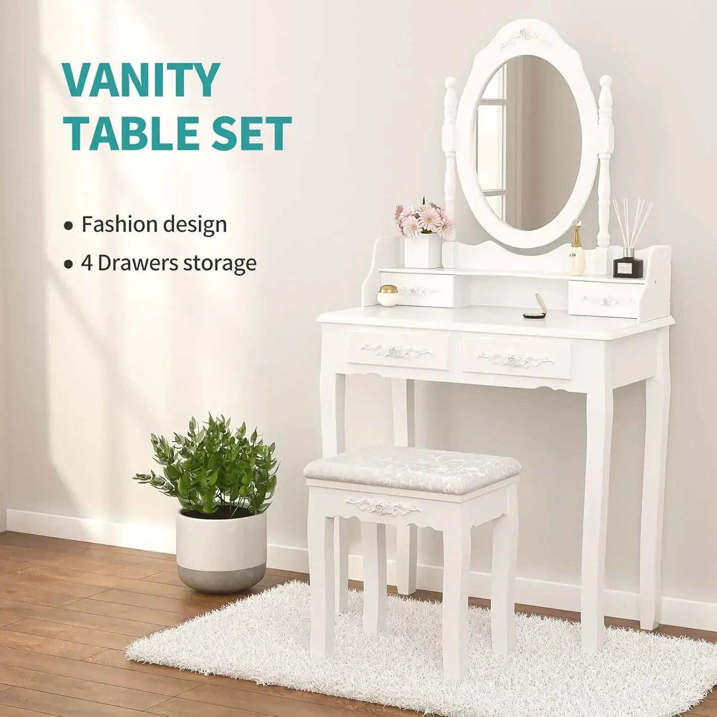 XMSJ Vanity Table Set With Oval Mirror And Stool Elite