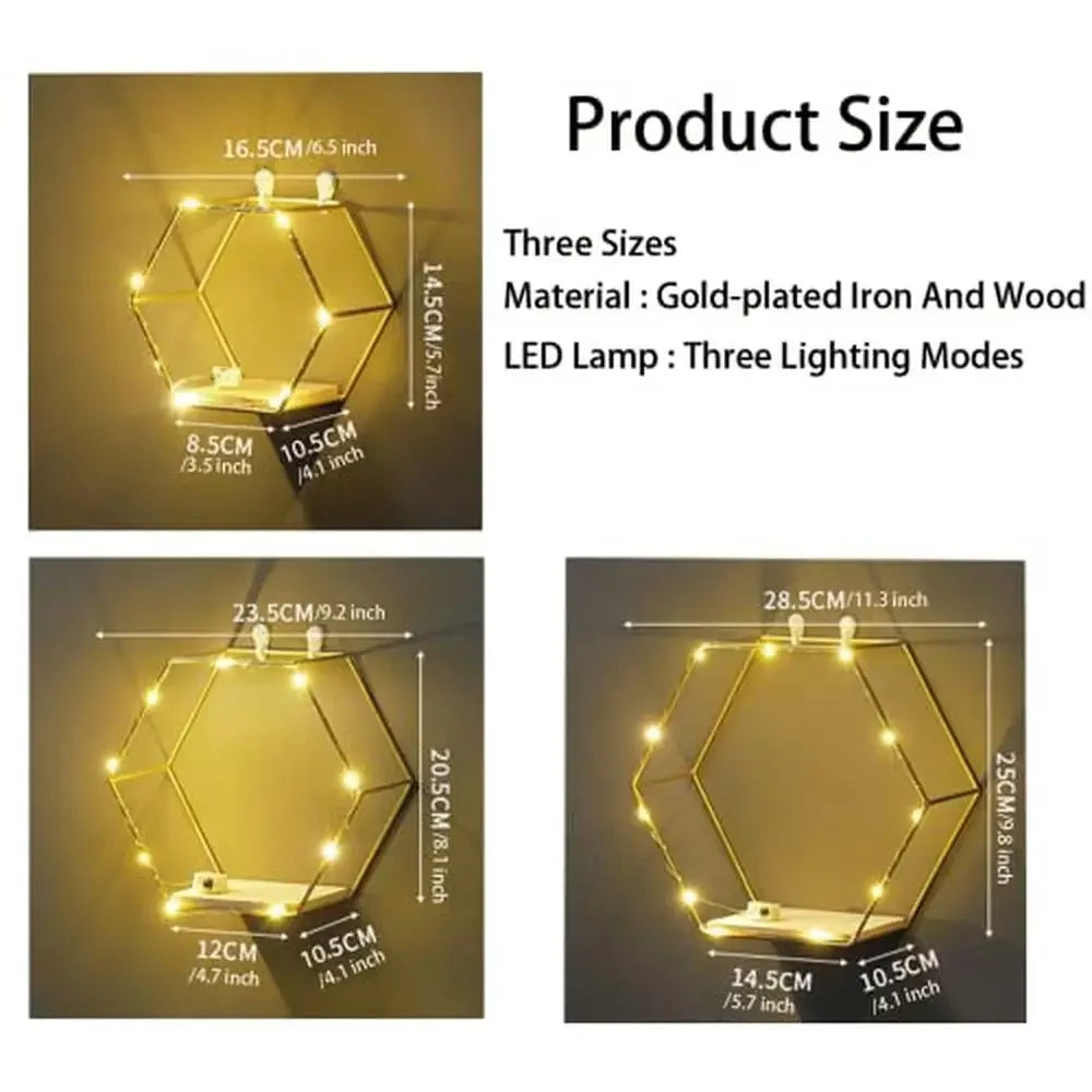 XMSJ Hexagon Metal Wire Wood LED Floating Shelves Set