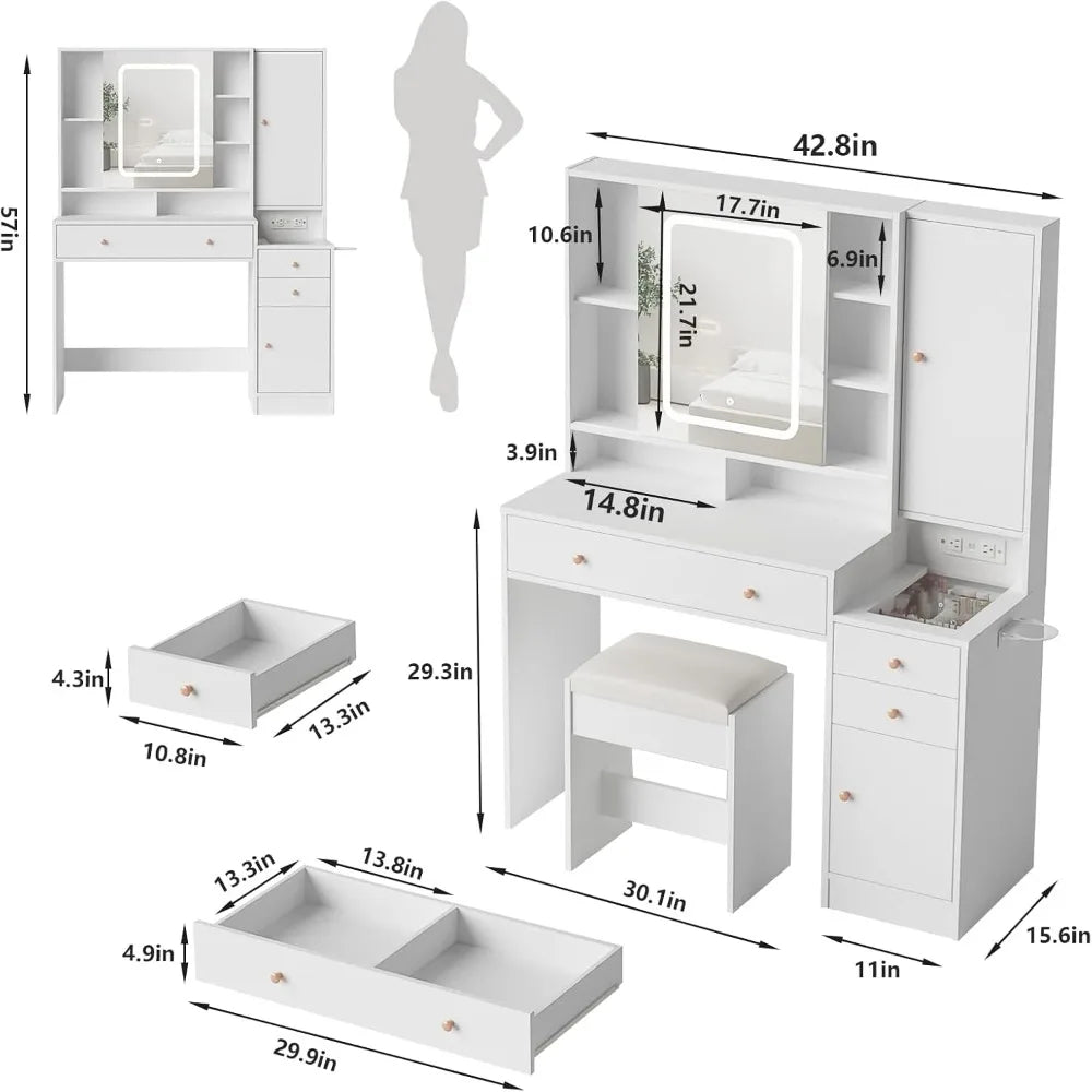 Hign-concerned Vanity Desk with Mirror and Lights 3 Drawers