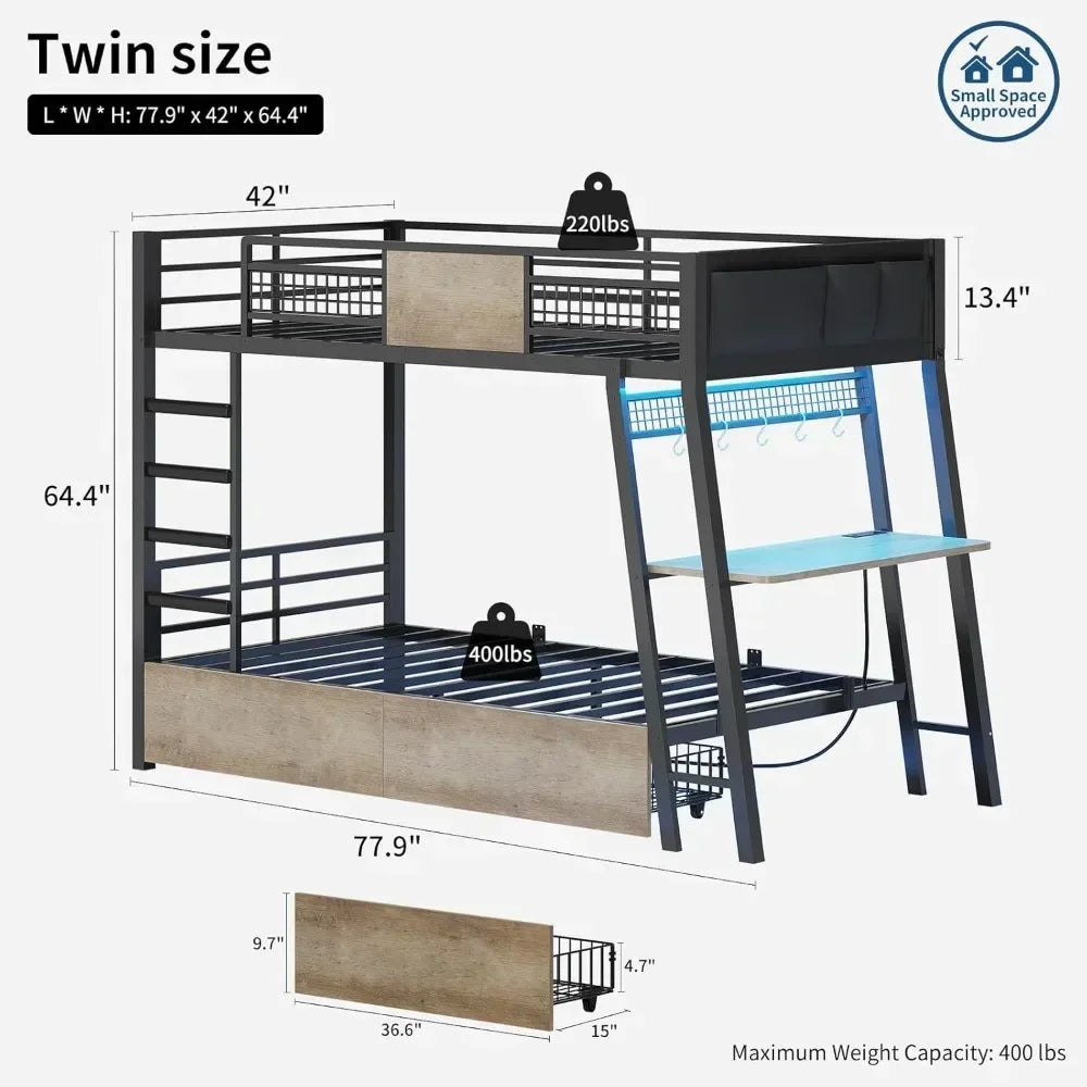 XMSJ Twin Over Twin Metal Bunk Bed With Desk Outlets