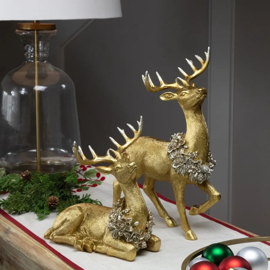 Elegant Gold Reindeer With Wreaths Christmas Figurines