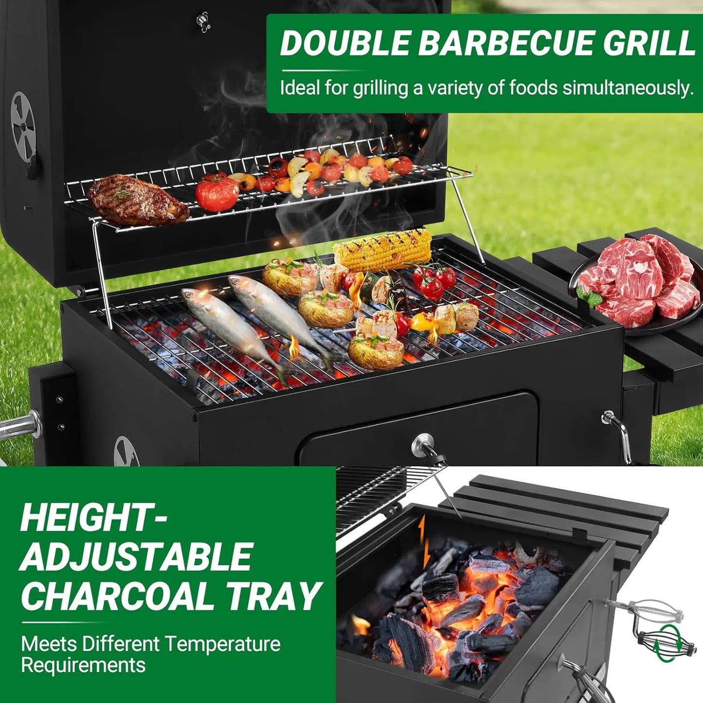 XMSJ Barrel Charcoal BBQ Grill With Adjustable Tray