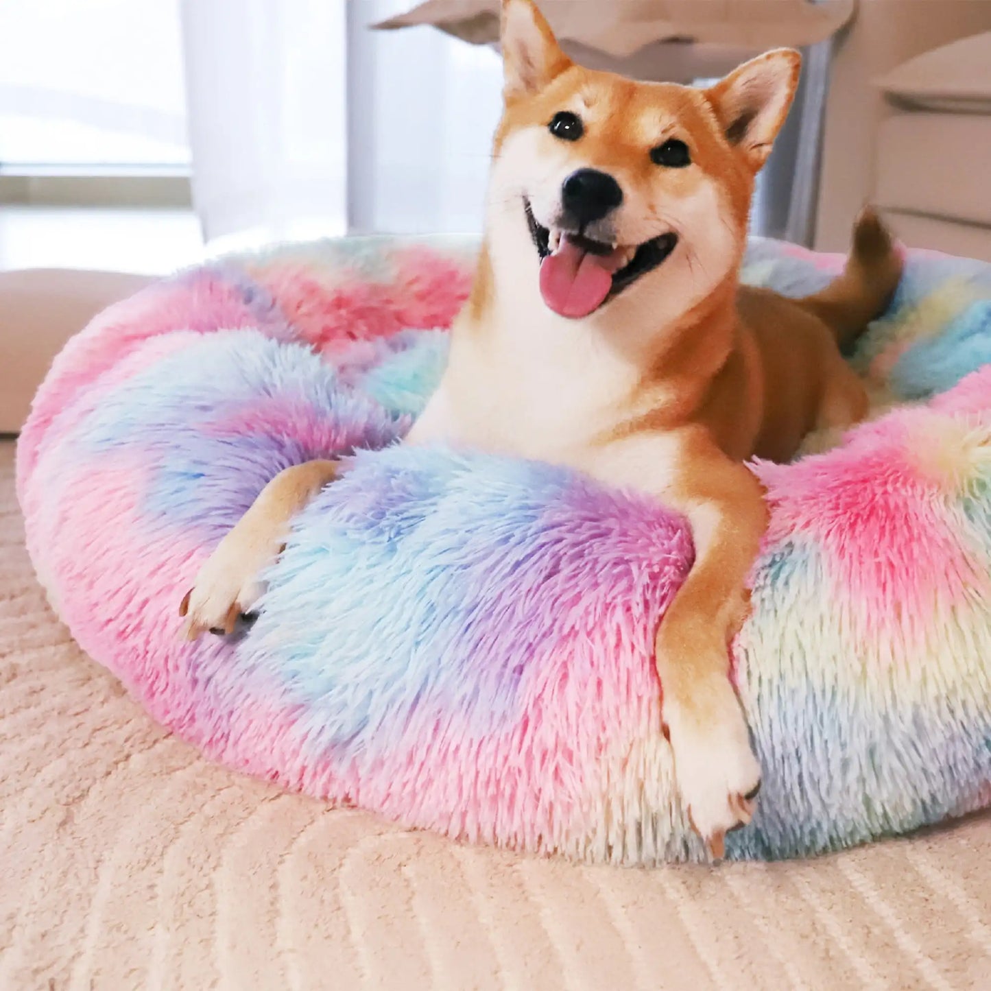 XMSJ Calming Donut Pet Bed Anti Anxiety Soft Cozy Plush