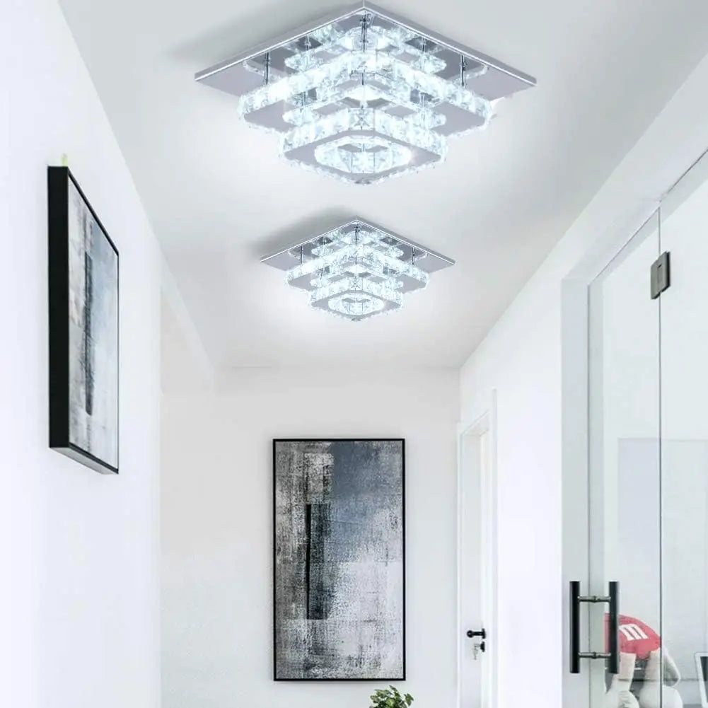 FRIXCHUR Crystal Flush Mount LED Ceiling Light With Stainless Steel Mirror Base