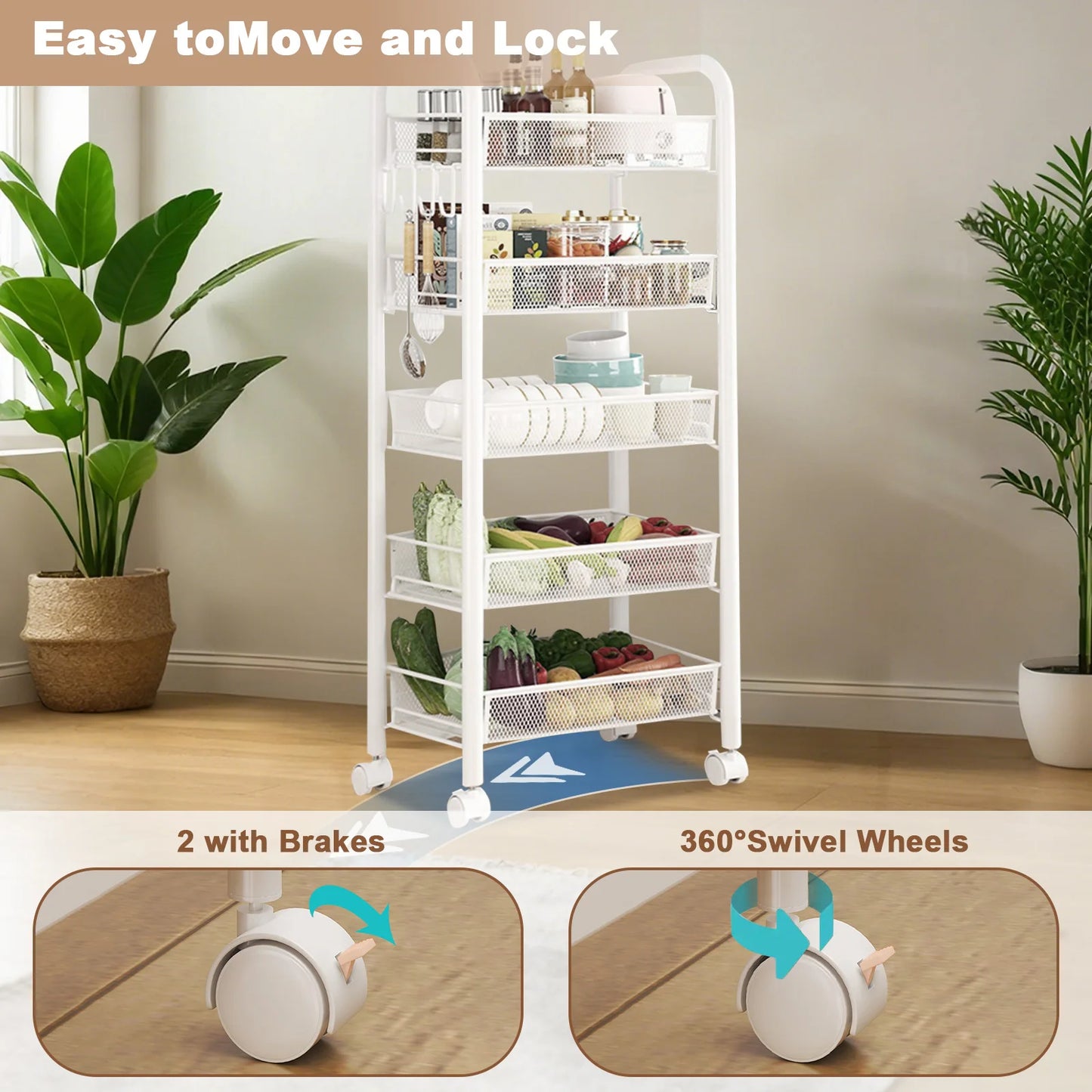 Five Layer Metal Kitchen Rack Floor Standing Storage Trolley