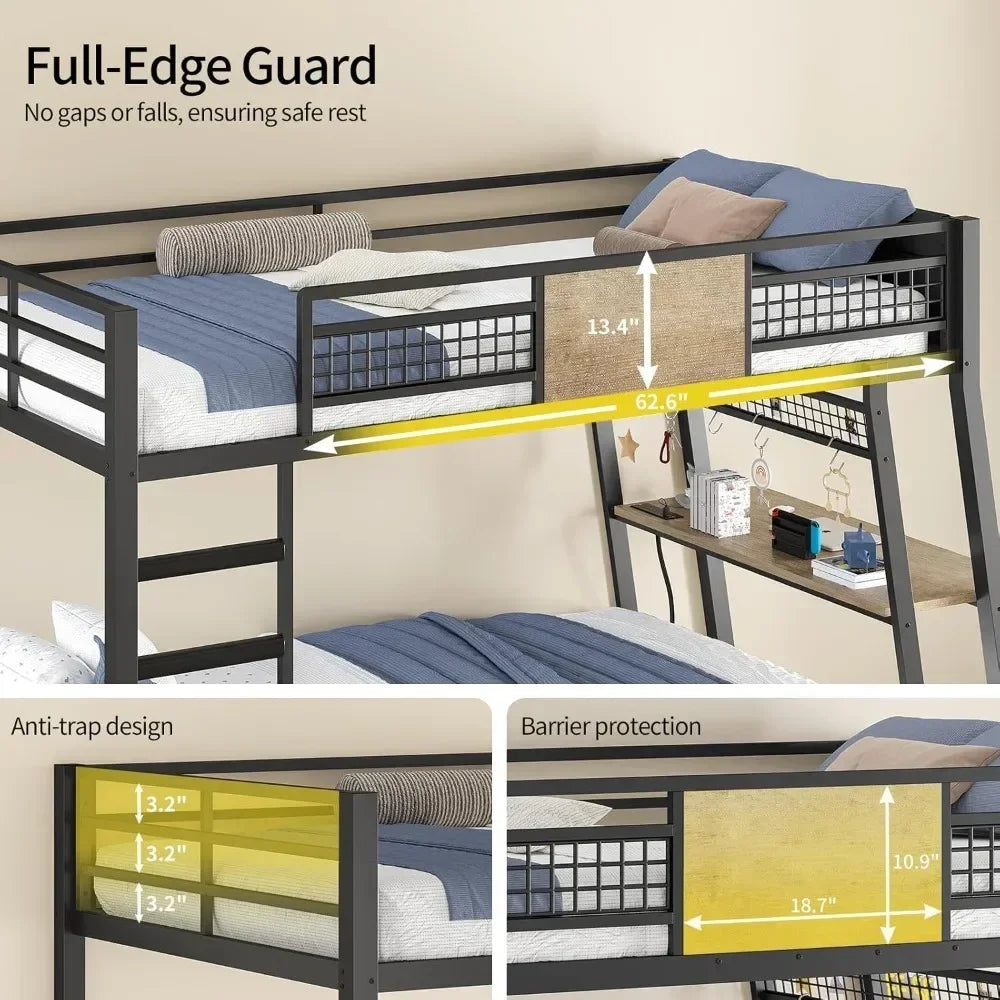 XMSJ Twin Over Twin Metal Bunk Bed With Desk Outlets