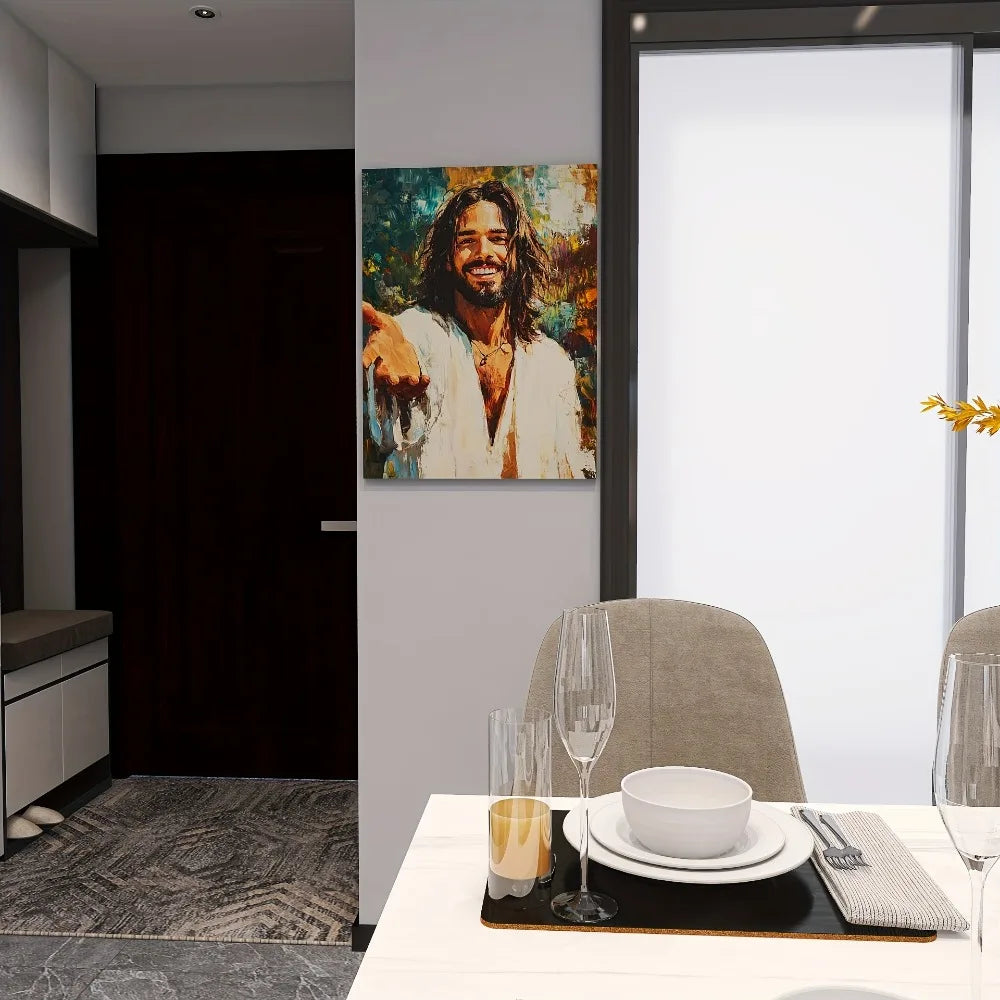 Hign-concerned Jesus Reaching Out Portrait on Pine Frame