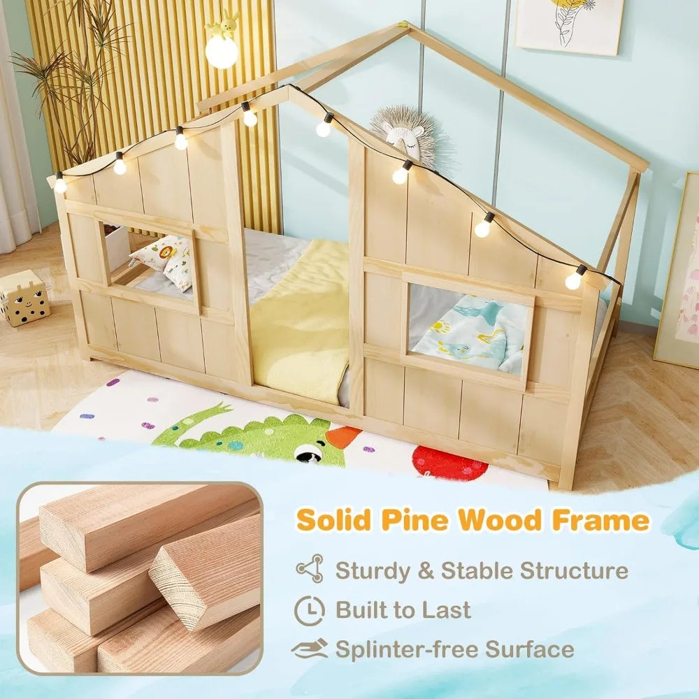 KOMFOTT Floor House Bed With LED Lights Montessori Wood Bed