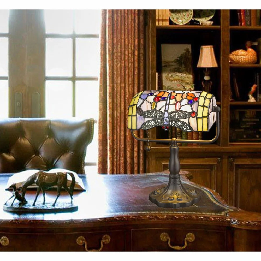 XMSJ Banker Desk Lamp Dragonfly Glass Shade Adjustable