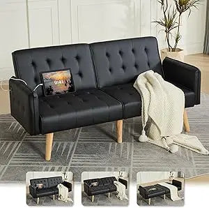 Ticify Modern Faux Leather Convertible USB Futon Sofa Bed