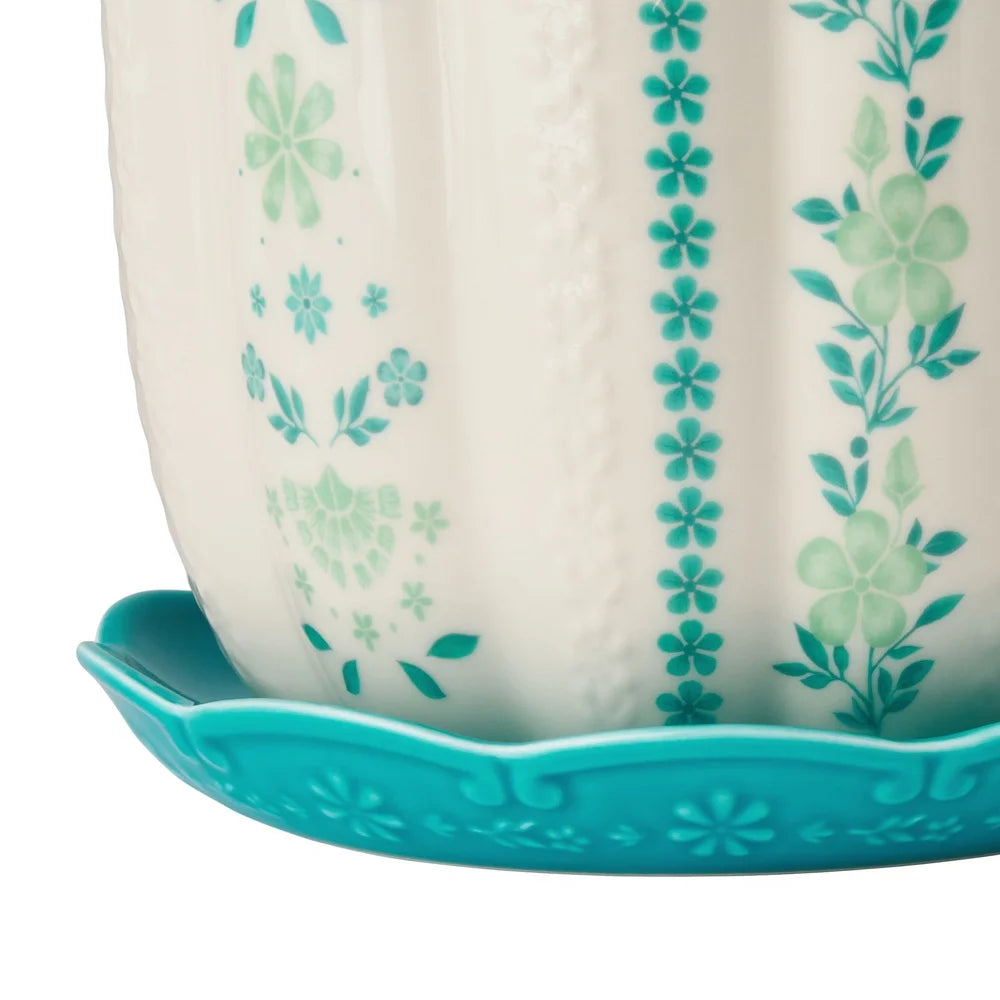 Ceramic Scallop Planter With Floral Pattern For Indoor Outdoor Use