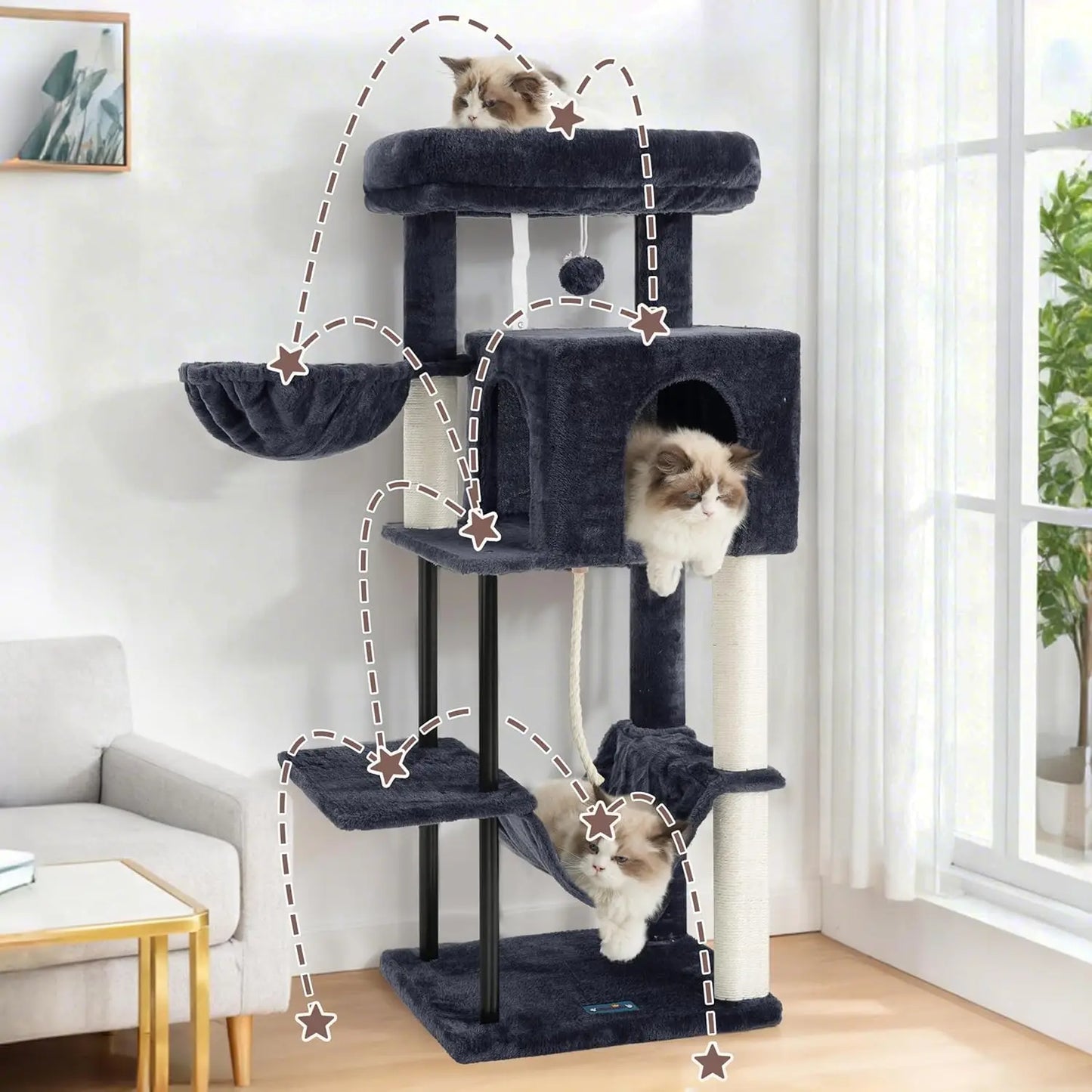 Indoor Cat Tree Tower With Sturdy Steel Tube Hammock Condo