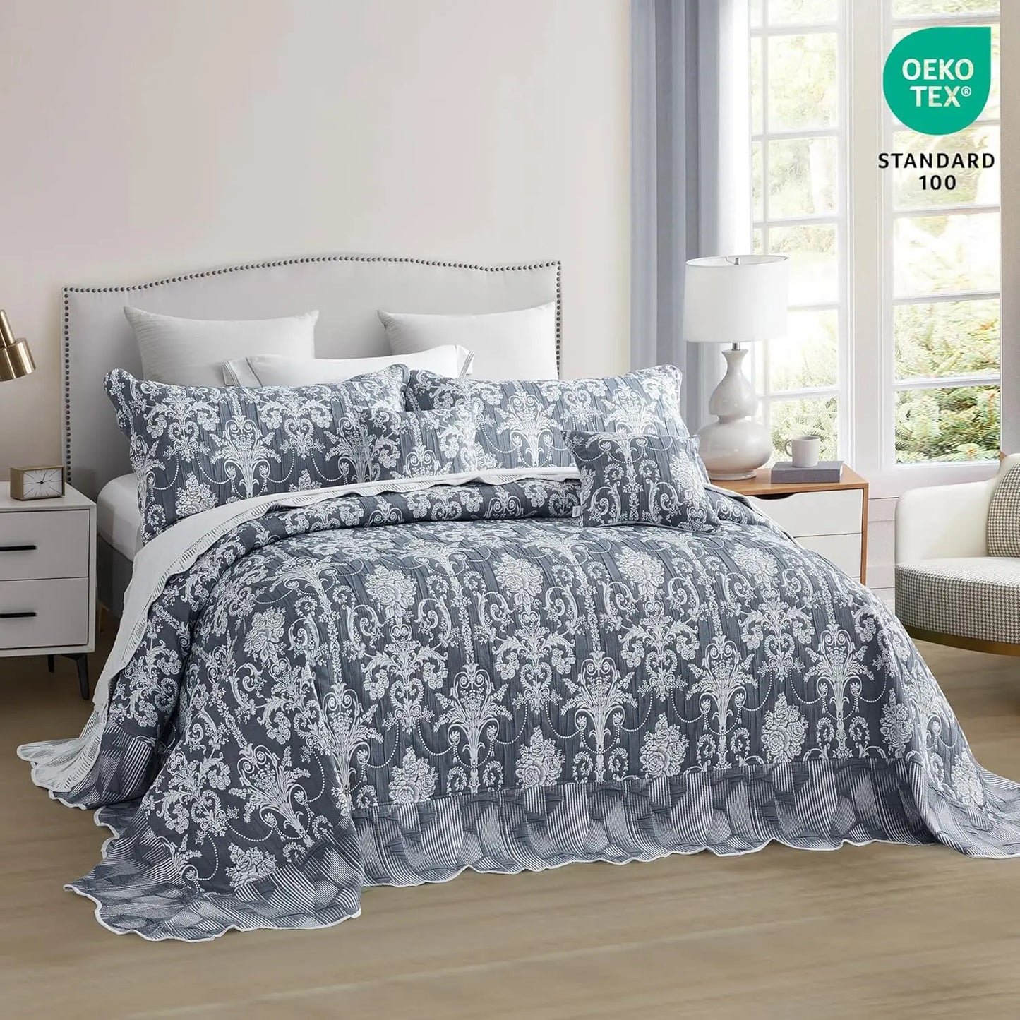 XMSJ Jacquard Matelasse Damask Bedspread Set Lightweight