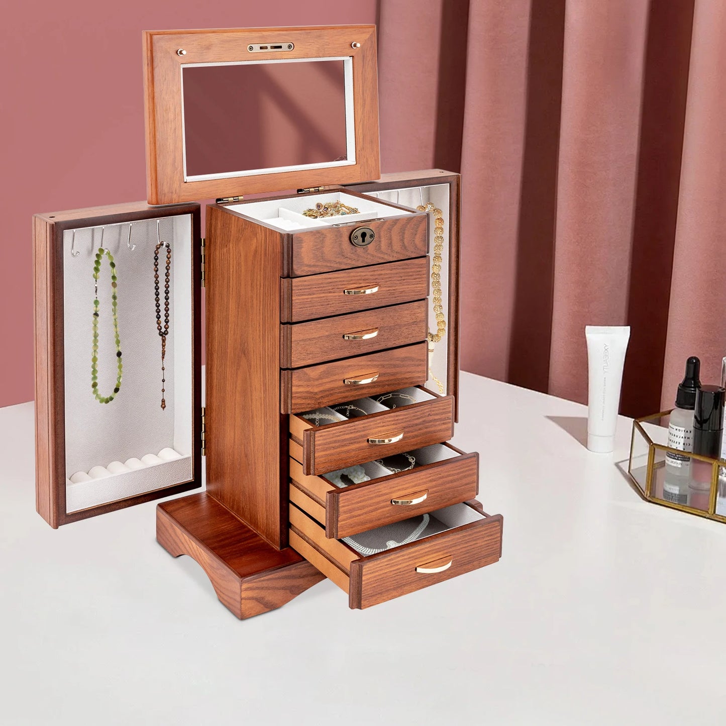 Sichuan Retro Walnut Jewelry Box 7 Layers Flocking Lining