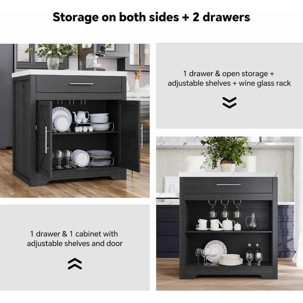 LZJV Farmhouse Rolling Kitchen Island With Extendable Table WineGlassHolder