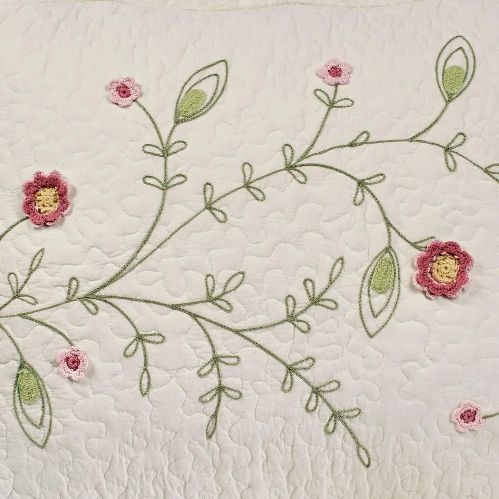Cottage Garden Bedding Quilt With Fiber Art Floral Vines
