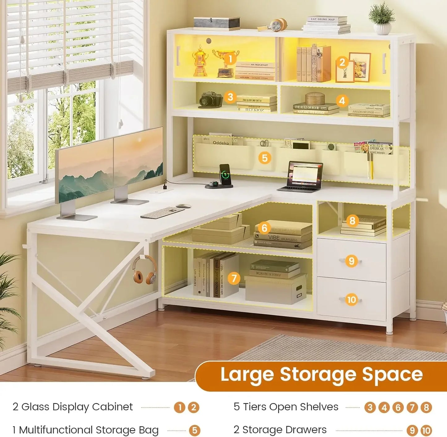 General Use L Shaped Gaming Desk With LED And Bookshelf