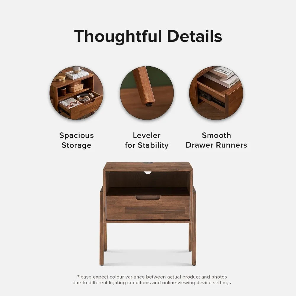 XUYUAN Solid Wood Nightstand With Charging Station Modern