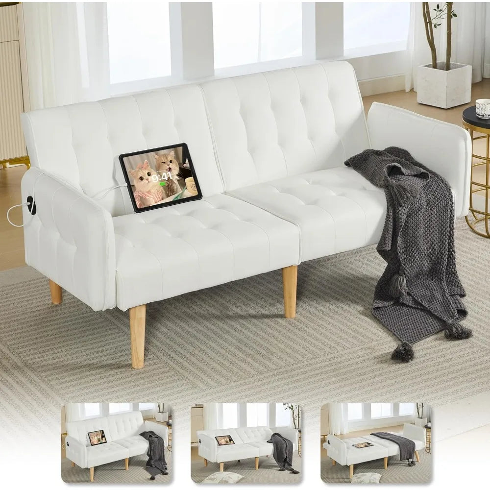 Ticify Modern Faux Leather Convertible USB Futon Sofa Bed