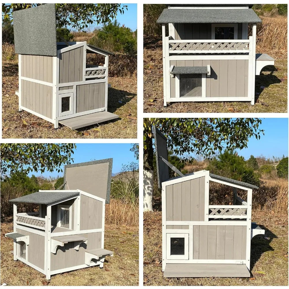 Two Story Wooden Feral Cat Shelter With Waterproof Roof