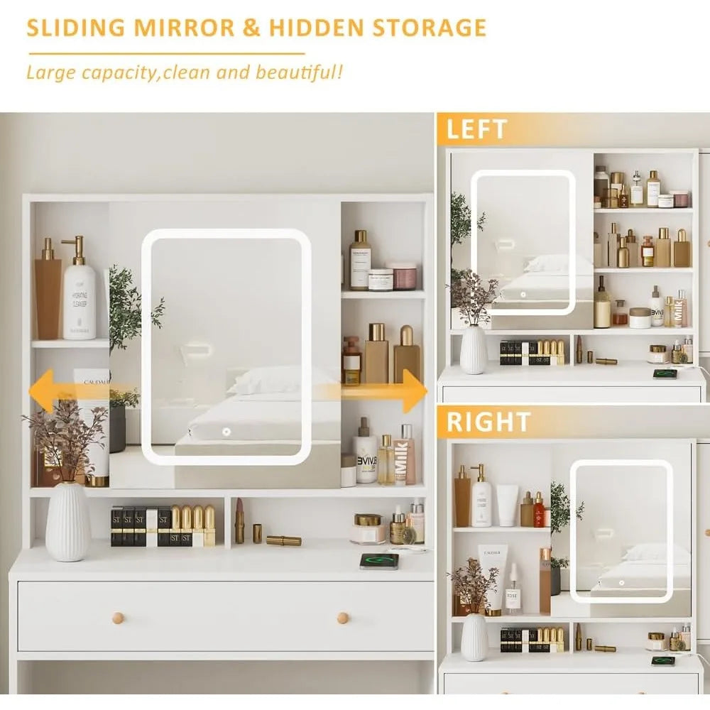 Hign-concerned Vanity Desk with Mirror and Lights 3 Drawers