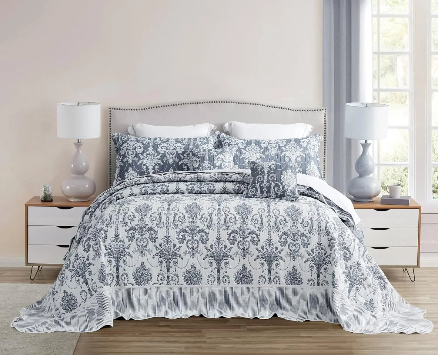 XMSJ Jacquard Matelasse Damask Bedspread Set Lightweight