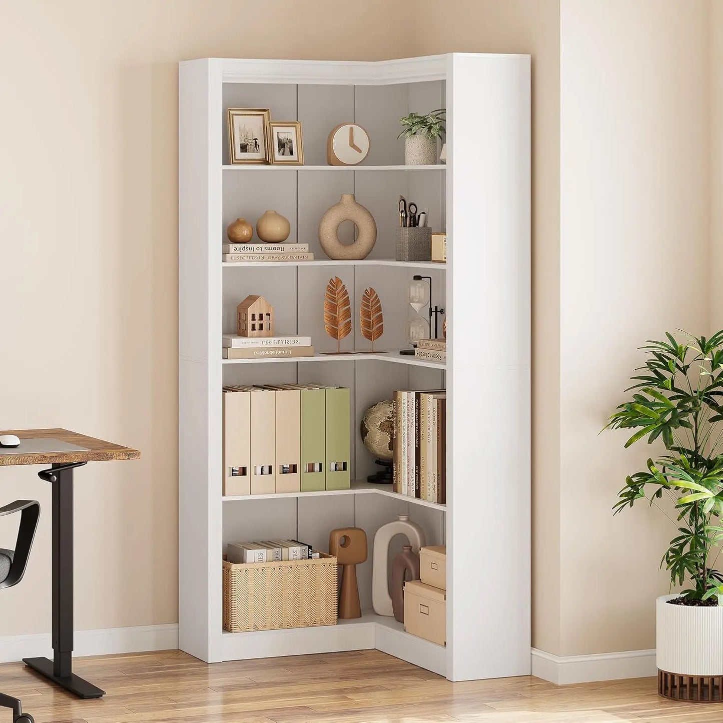 Angduo Corner Bookshelf L Shaped Five Tier Display Shelf