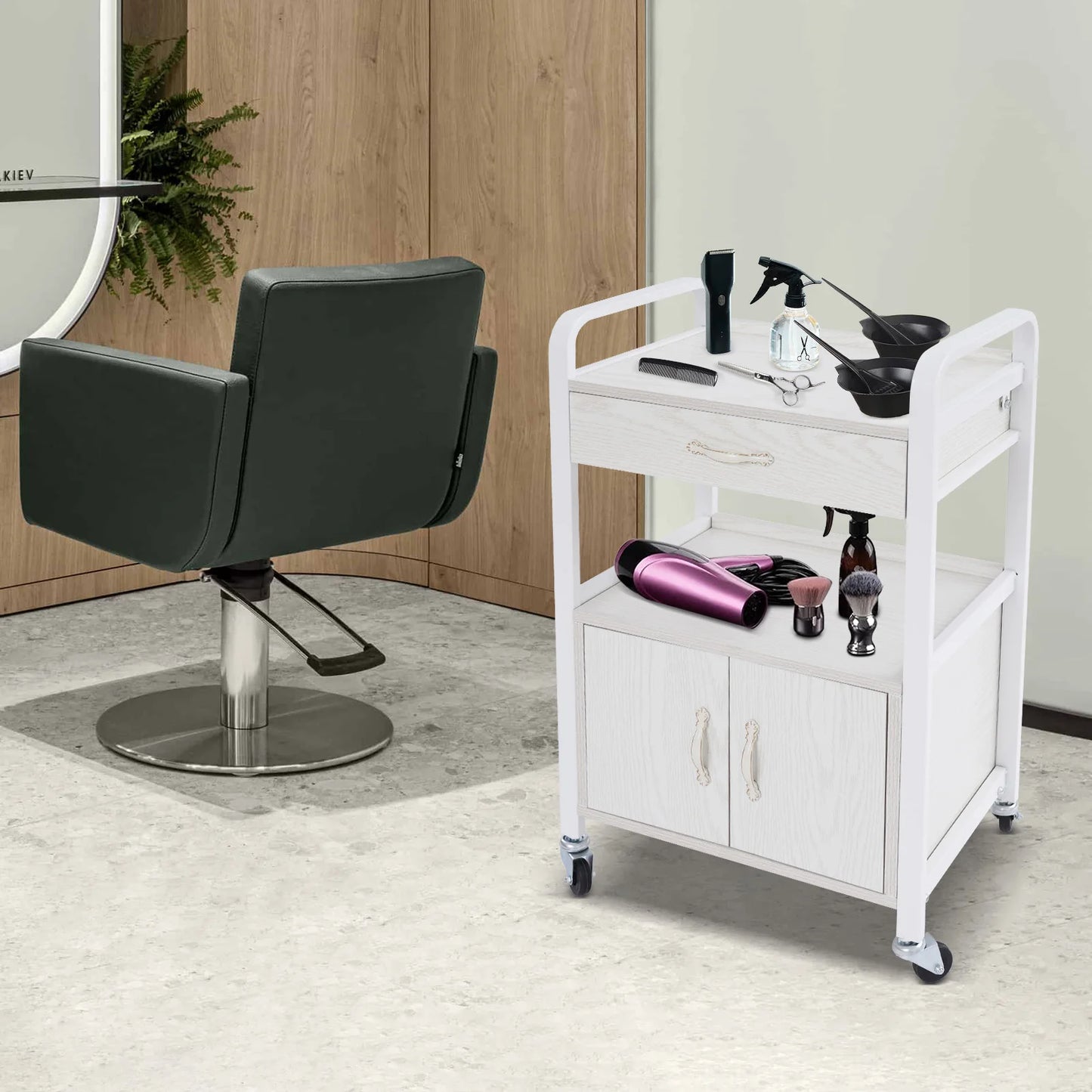 Bymaocar Salon Wood Panels Storage Cart Free Standing Organizer
