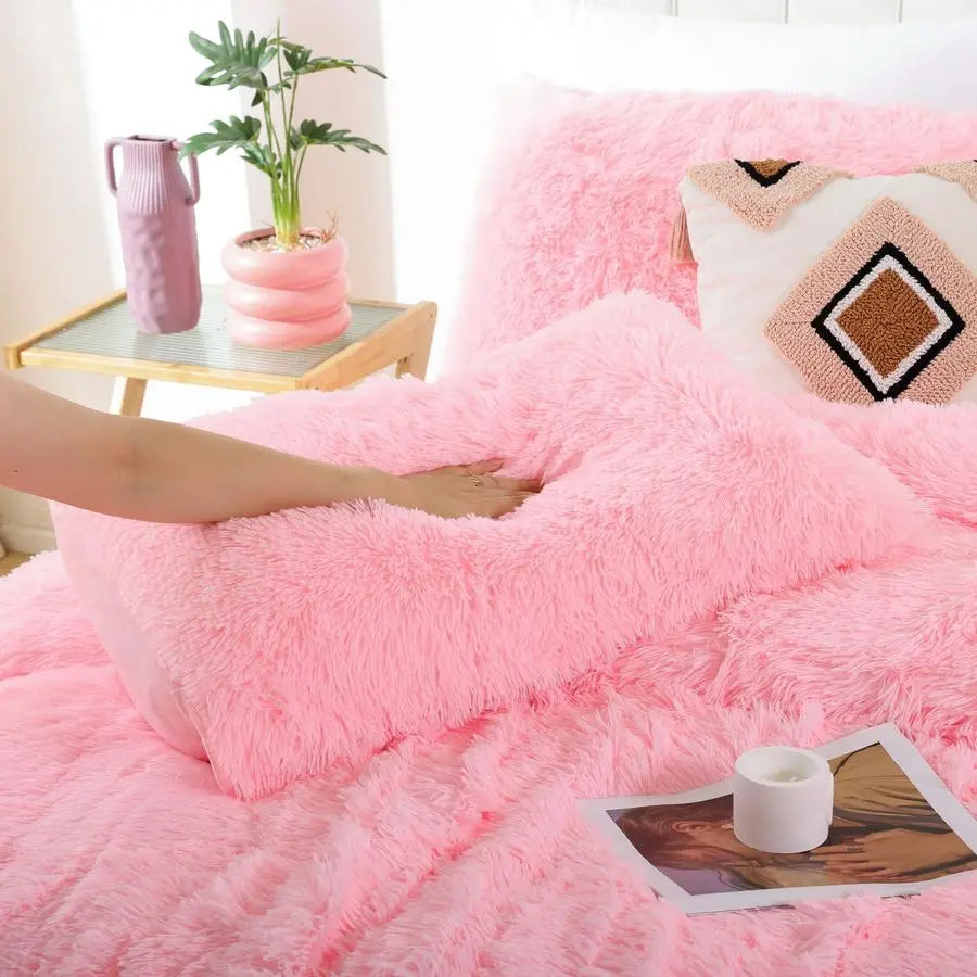 Fluffy Faux Fur Comforter Set Luxury Fuzzy Bedding