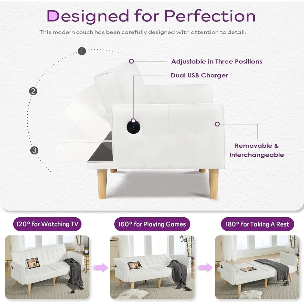 Ticify Modern Faux Leather Convertible USB Futon Sofa Bed