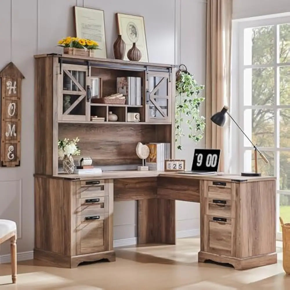 Depth L Shaped Office Desk With Hutch And Storage Cabinet