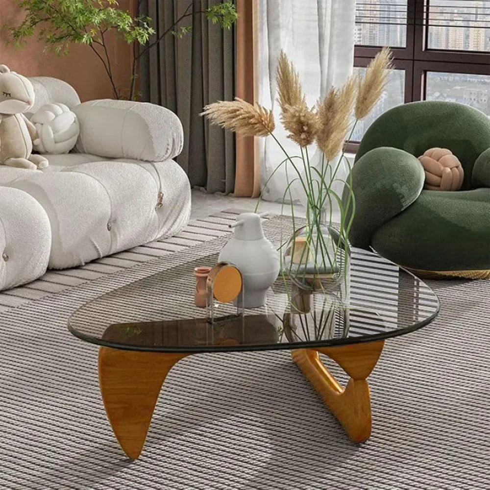 Folded Triangle Glass Coffee Table With Wooden Base
