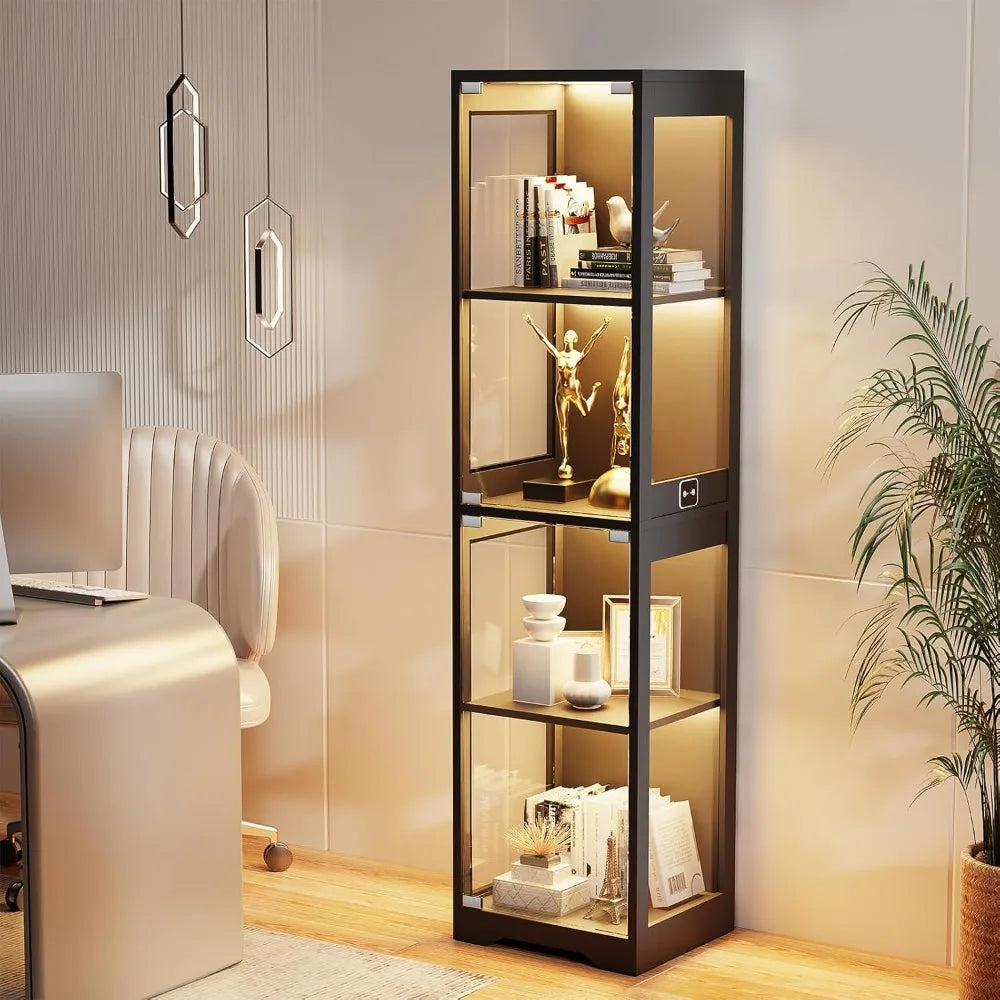 XMSJ Glass Display Cabinet 4 Tier Curio Illuminated Doors