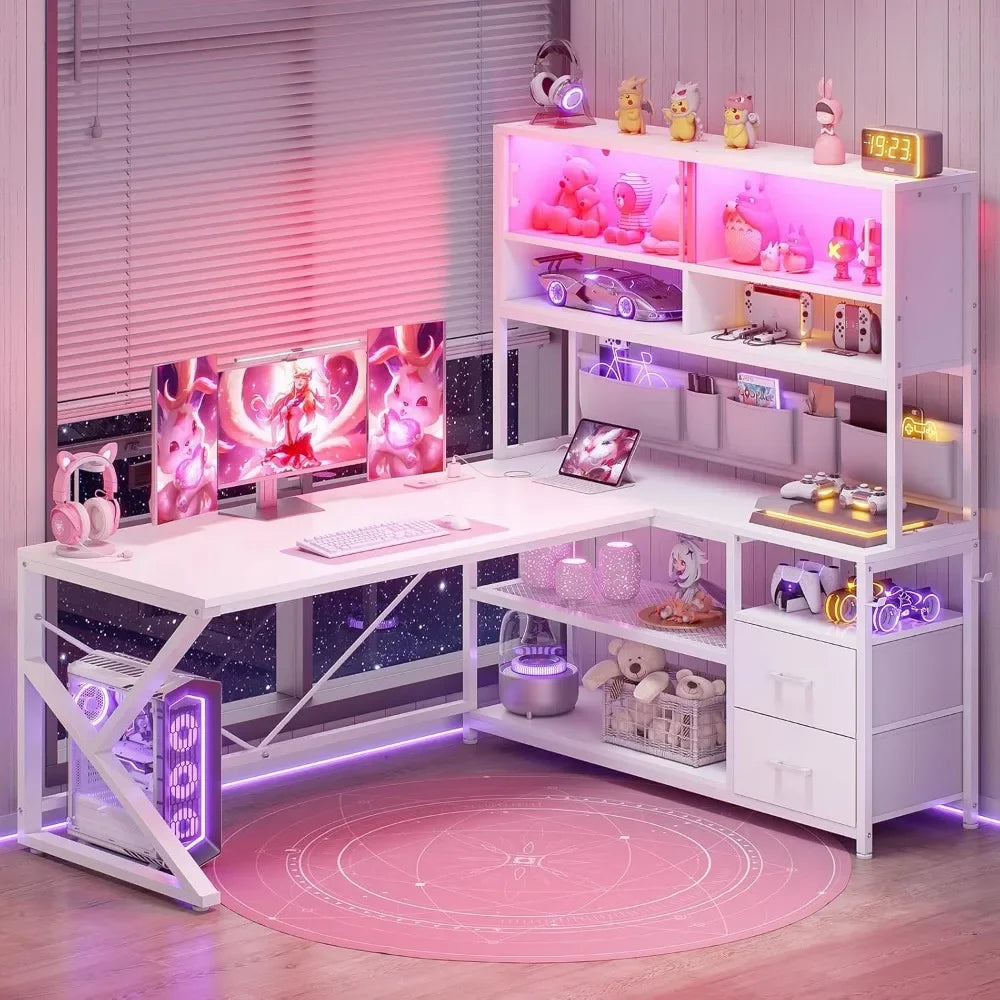 General Use L Shaped Gaming Desk With LED And Bookshelf